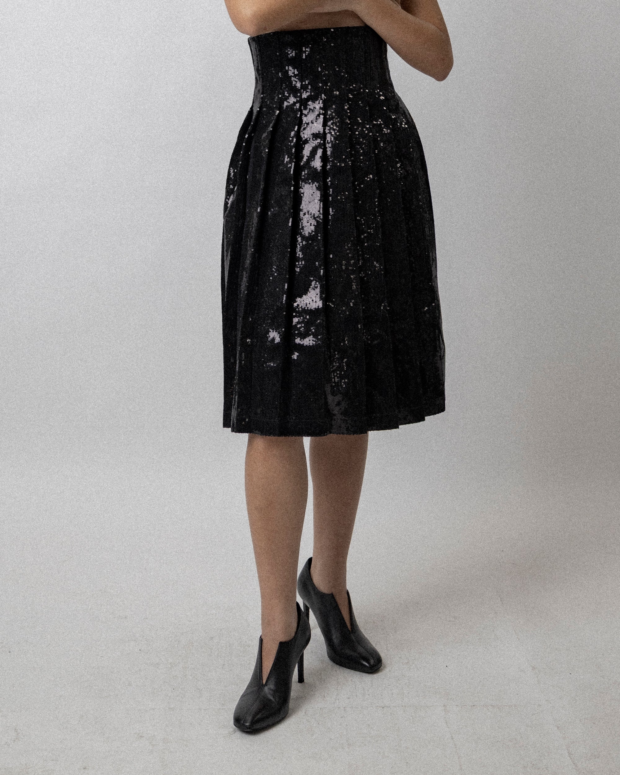 High Waisted Pleated Sequin Skirt Black  - Waist 27''
