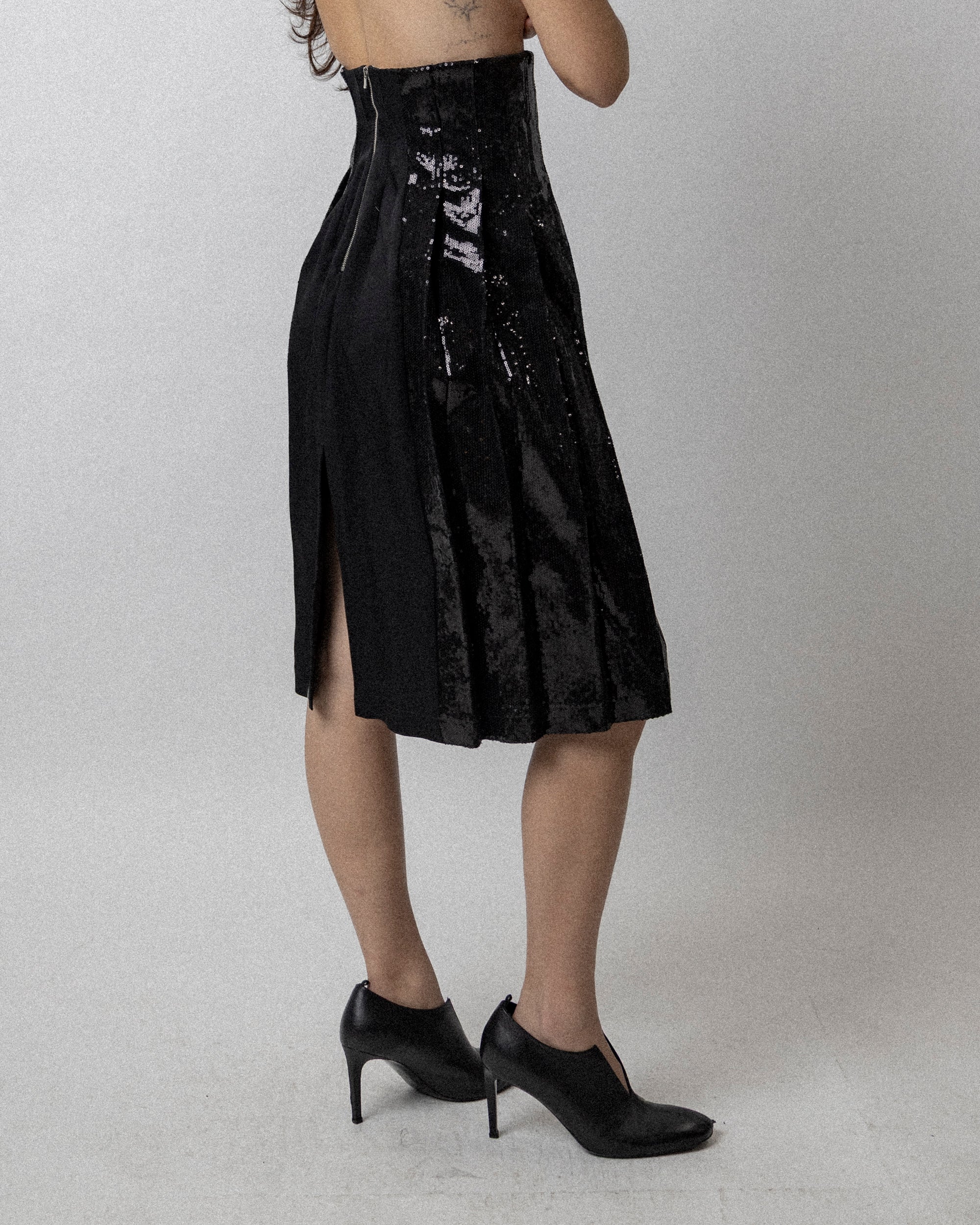 High Waisted Pleated Sequin Skirt Black  - Waist 27''
