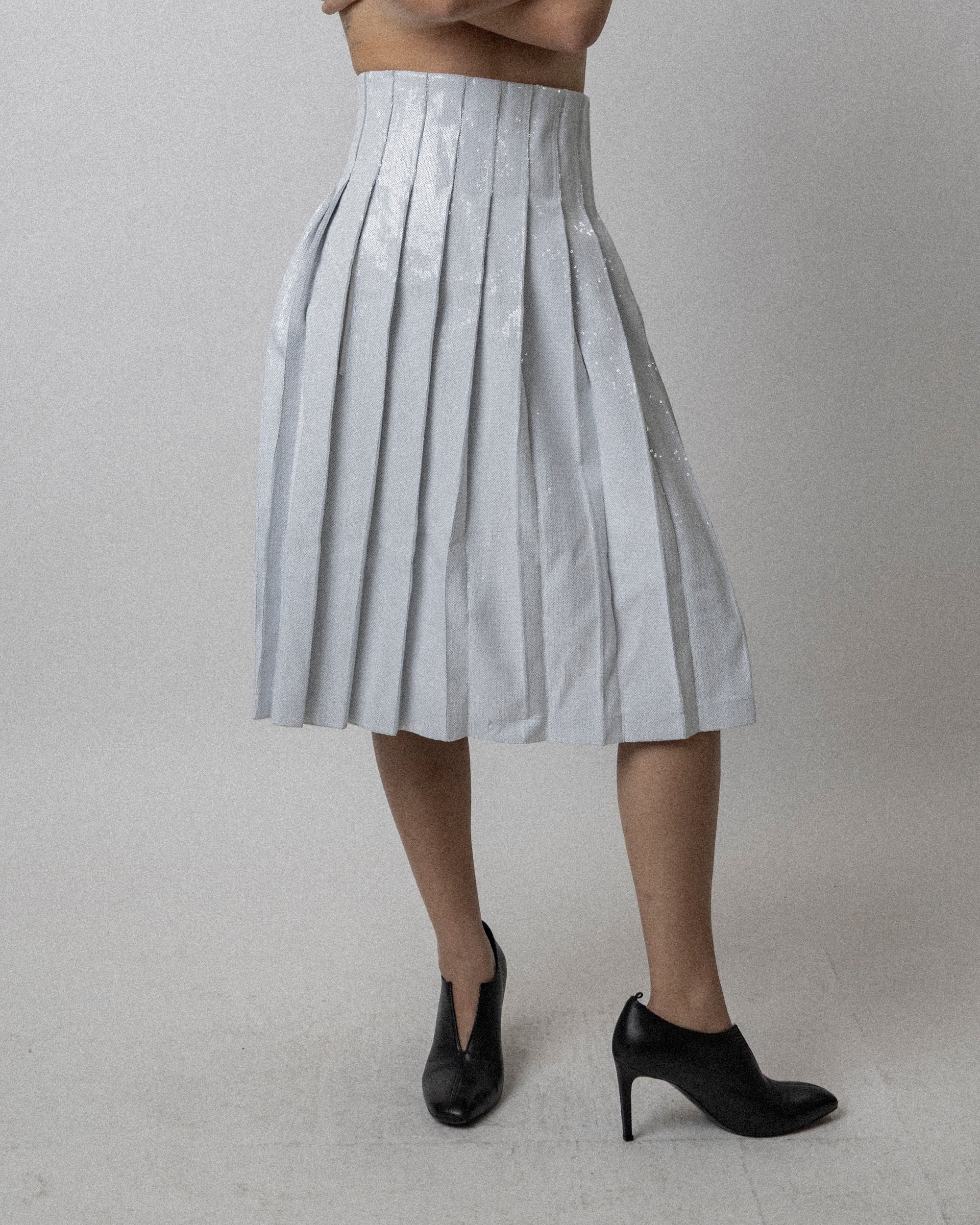 High Waisted Pleated Sequin Skirt - White Waist 27''