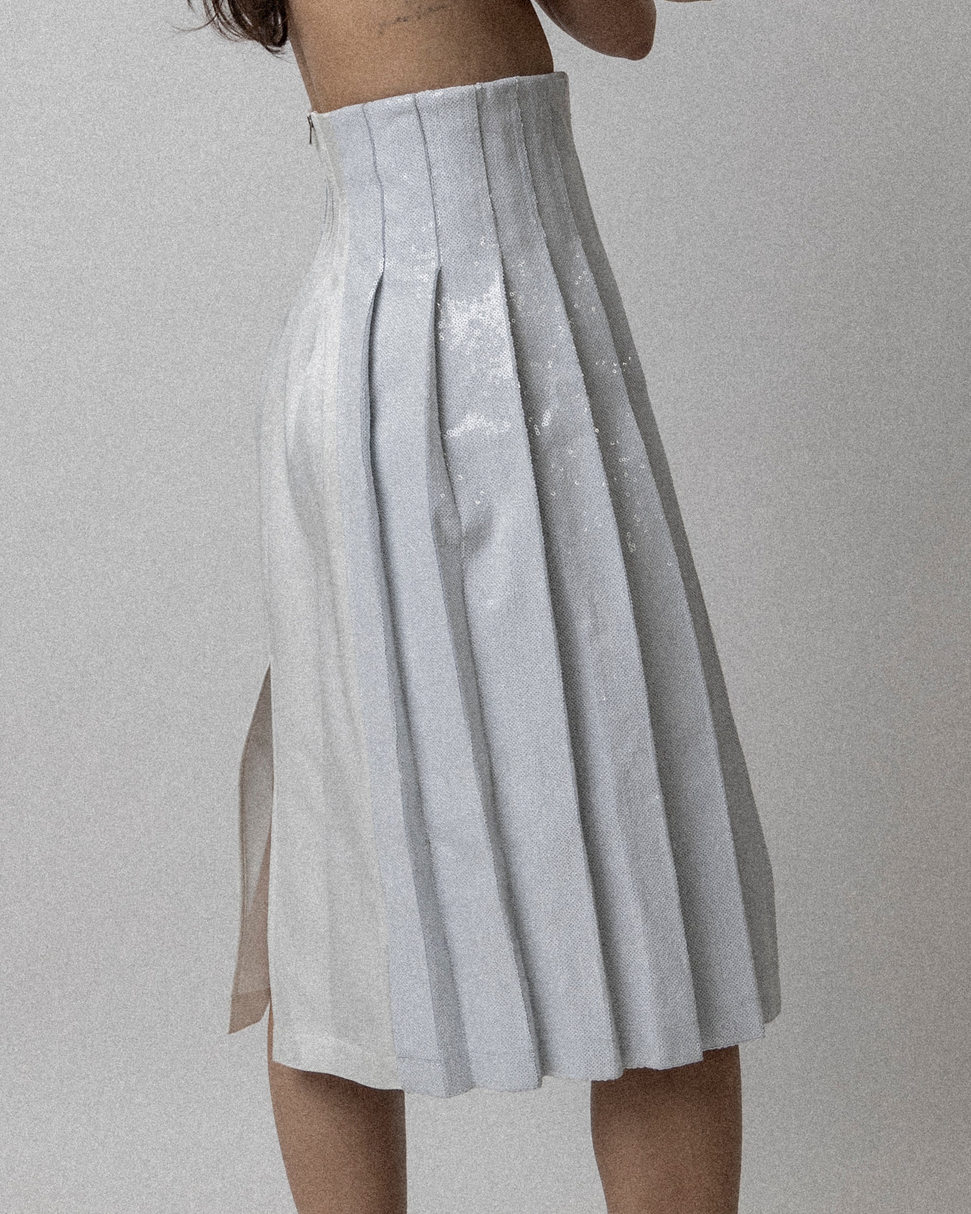 High Waisted Pleated Sequin Skirt - White Waist 27''