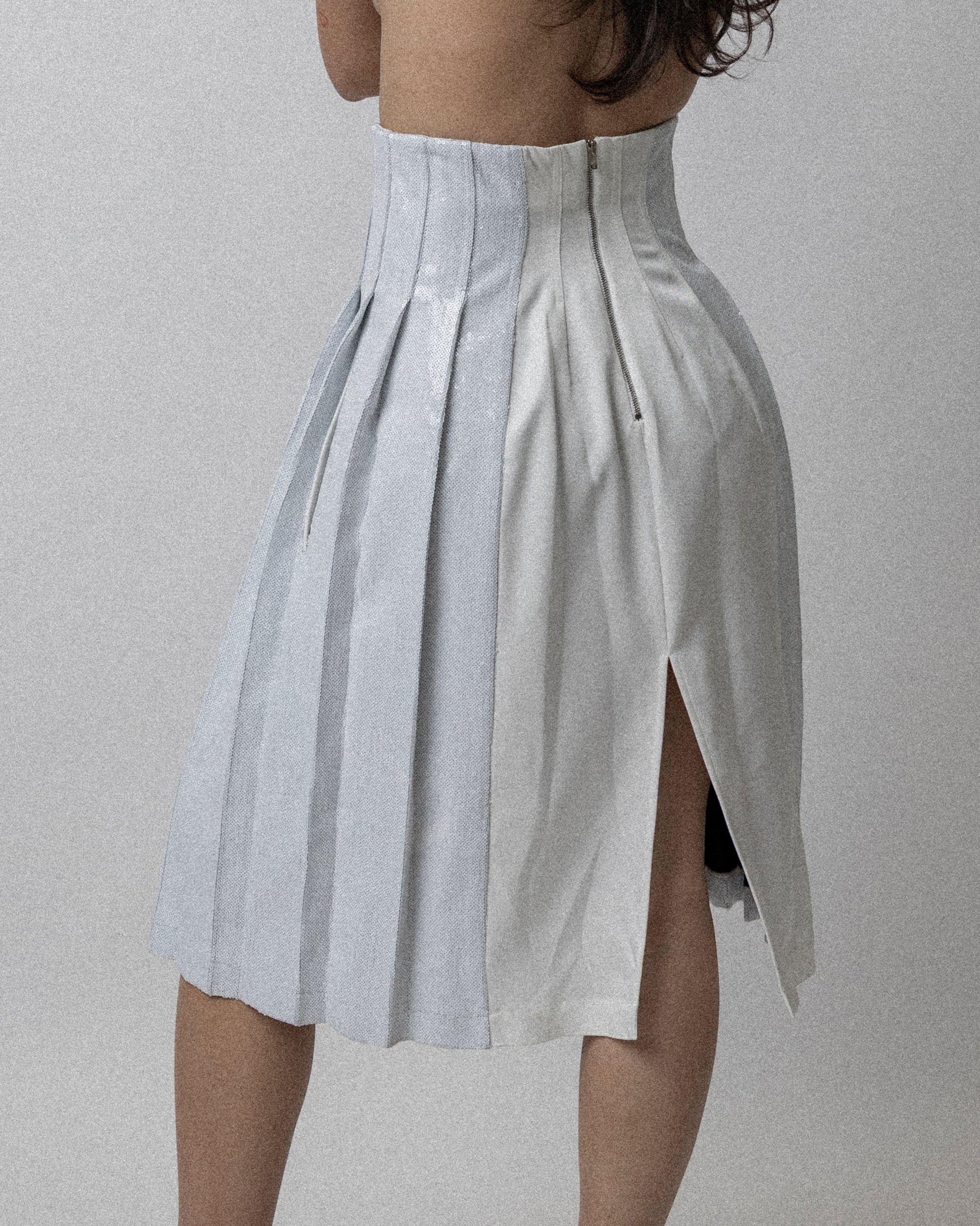 High Waisted Pleated Sequin Skirt - White Waist 27''