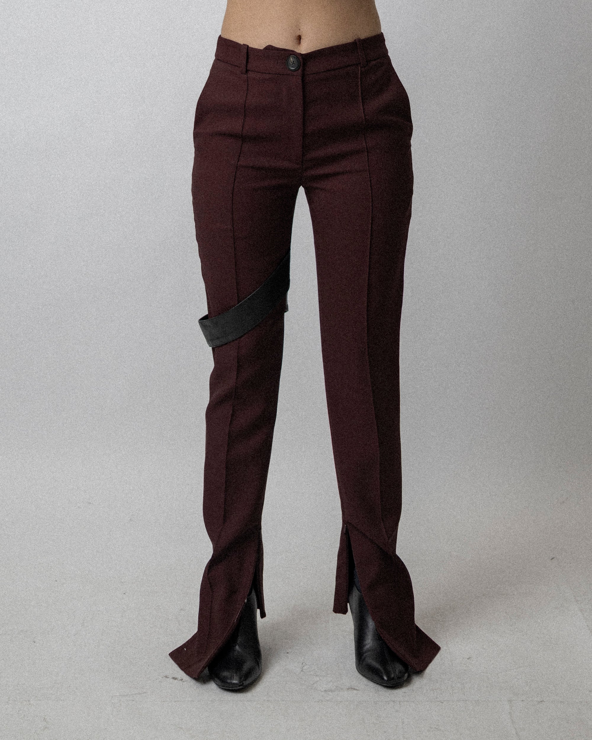 Leather Strap Skinny Trouser Wool Burgundy - Waist 31''