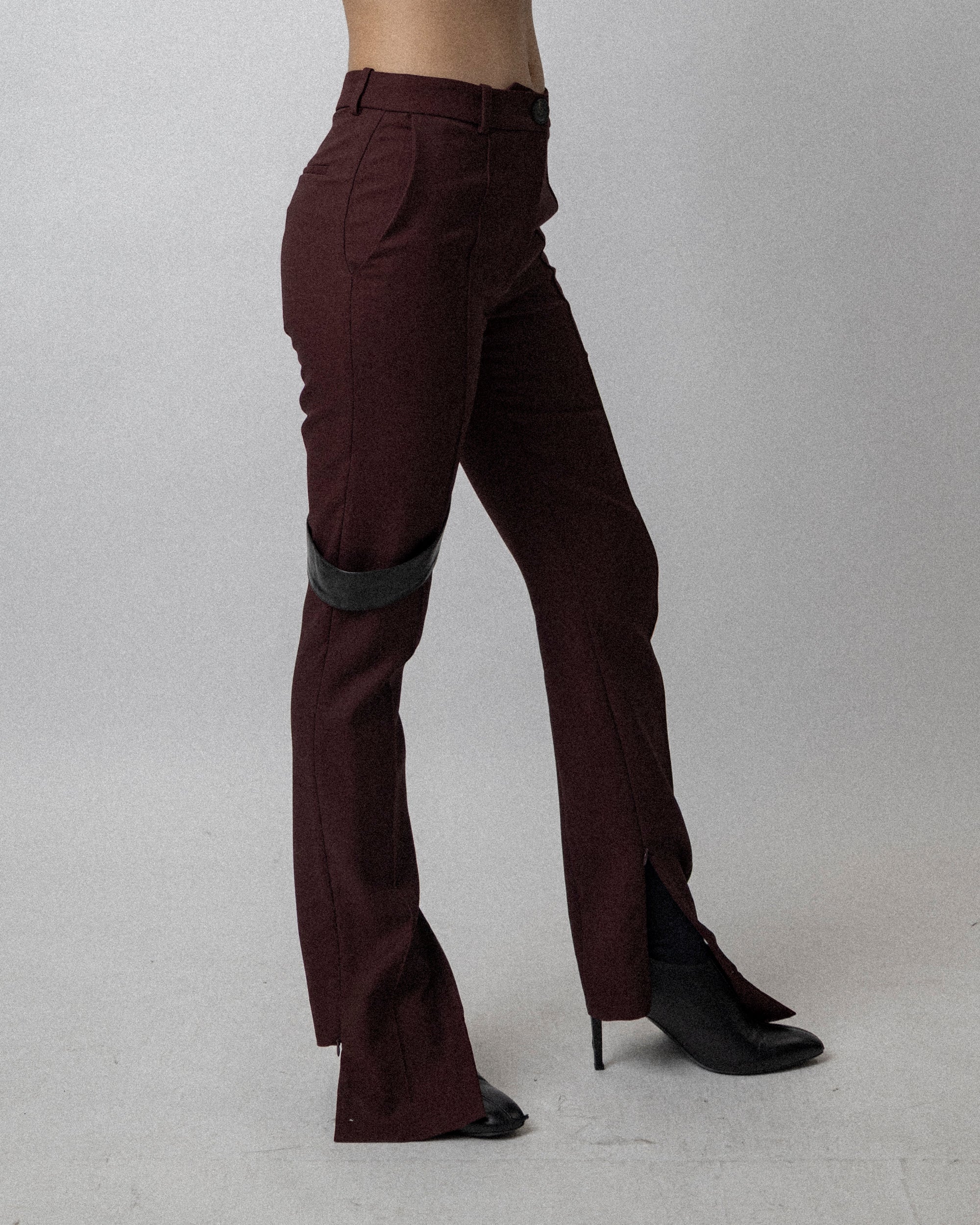 Leather Strap Skinny Trouser Wool Burgundy - Waist 31''
