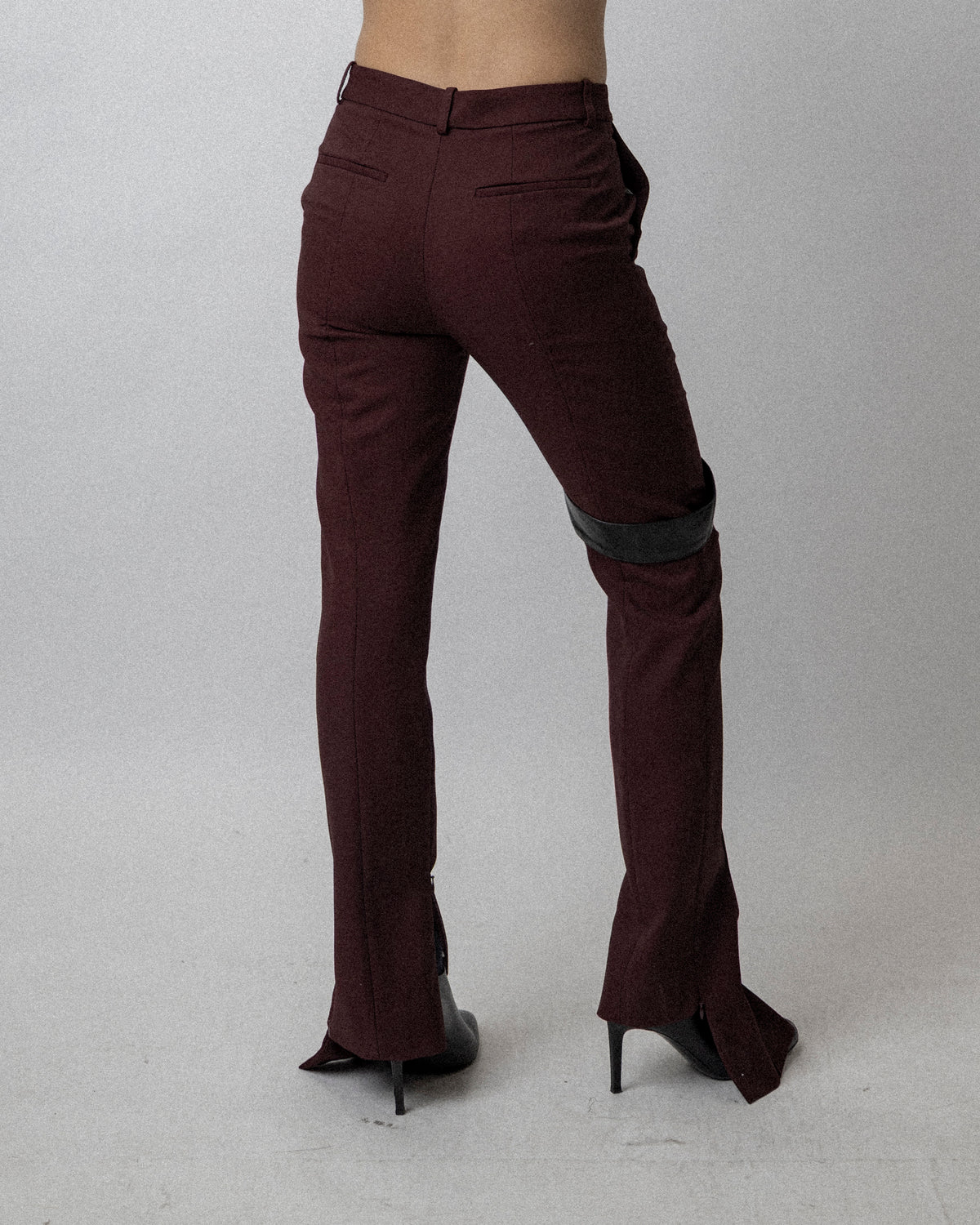 Leather Strap Skinny Trouser Wool Burgundy - Waist 31''