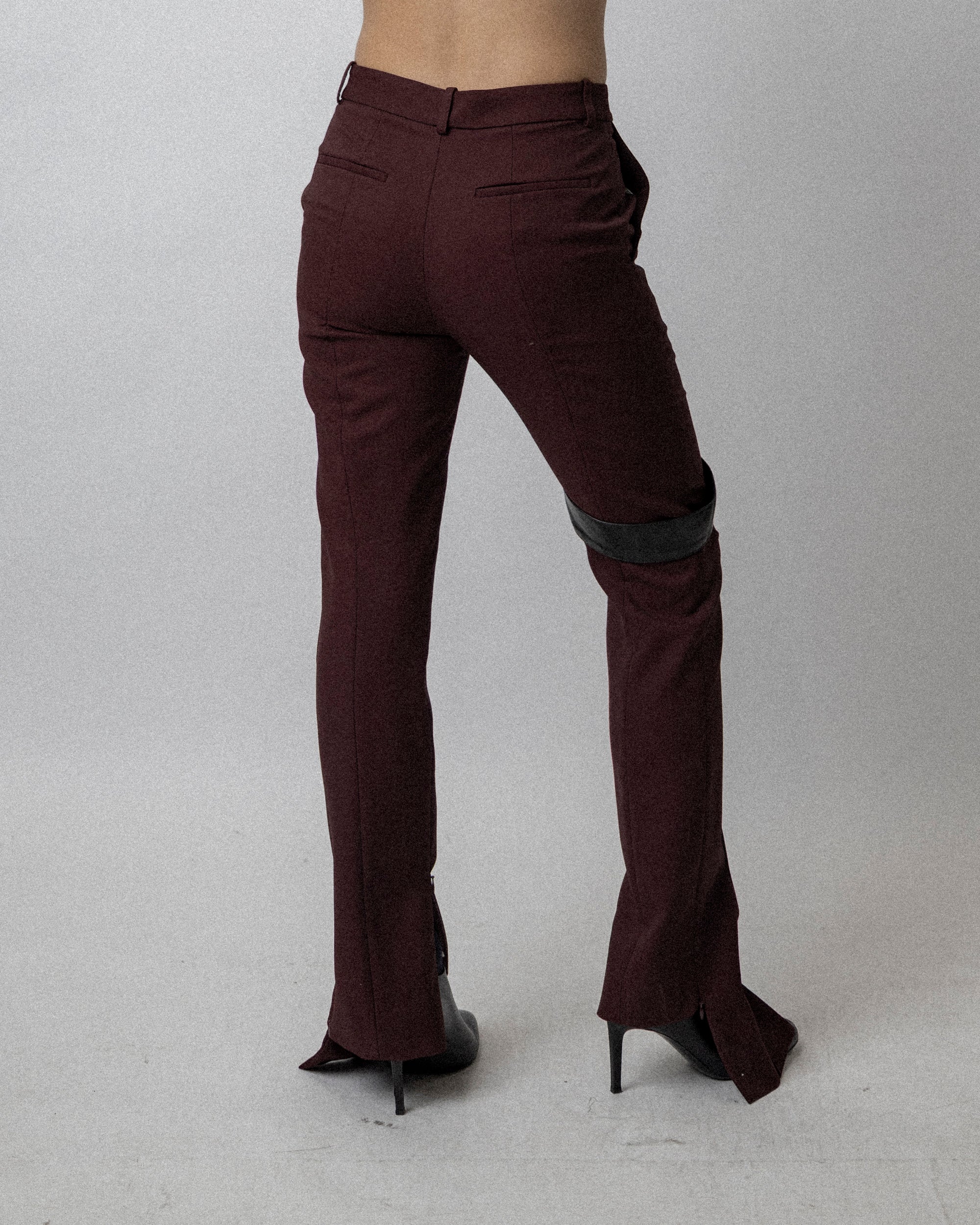 Leather Strap Skinny Trouser Wool Burgundy - Waist 31''