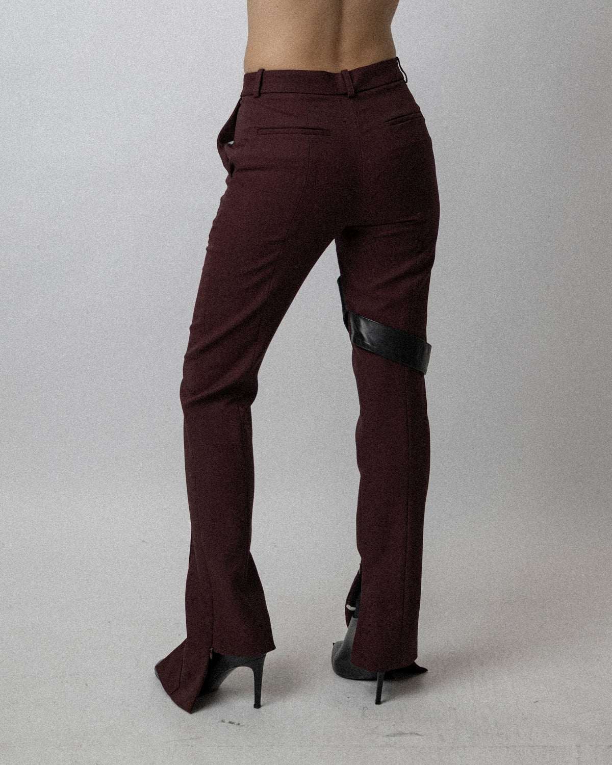 Leather Strap Skinny Trouser Wool Burgundy - Waist 31''