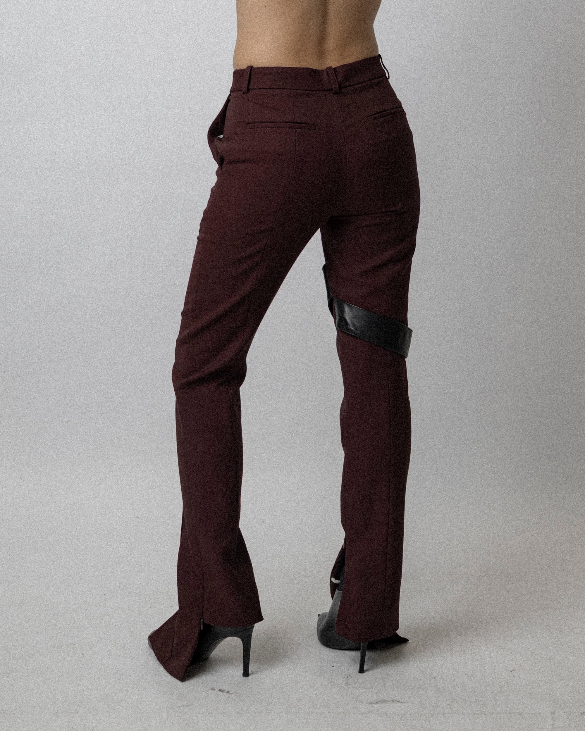 Leather Strap Skinny Trouser Wool Burgundy - Waist 31''