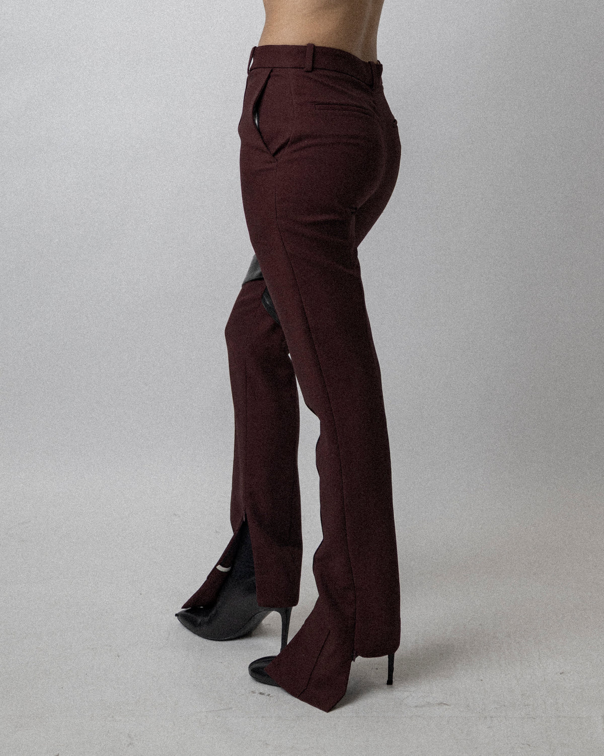 Leather Strap Skinny Trouser Wool Burgundy - Waist 31''