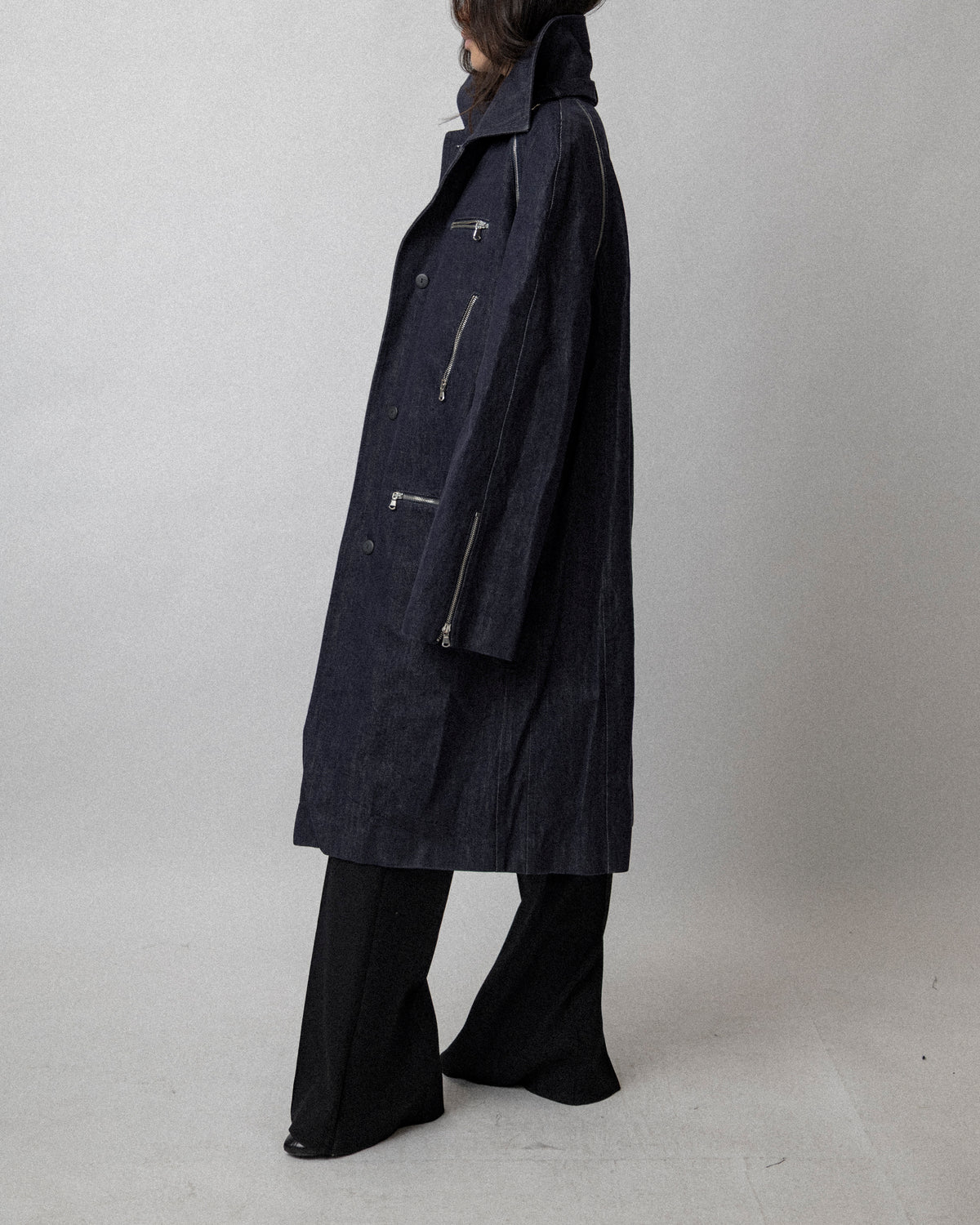 Multi Zip Raw Denim Coat Blue - Cross Shoulder 19''