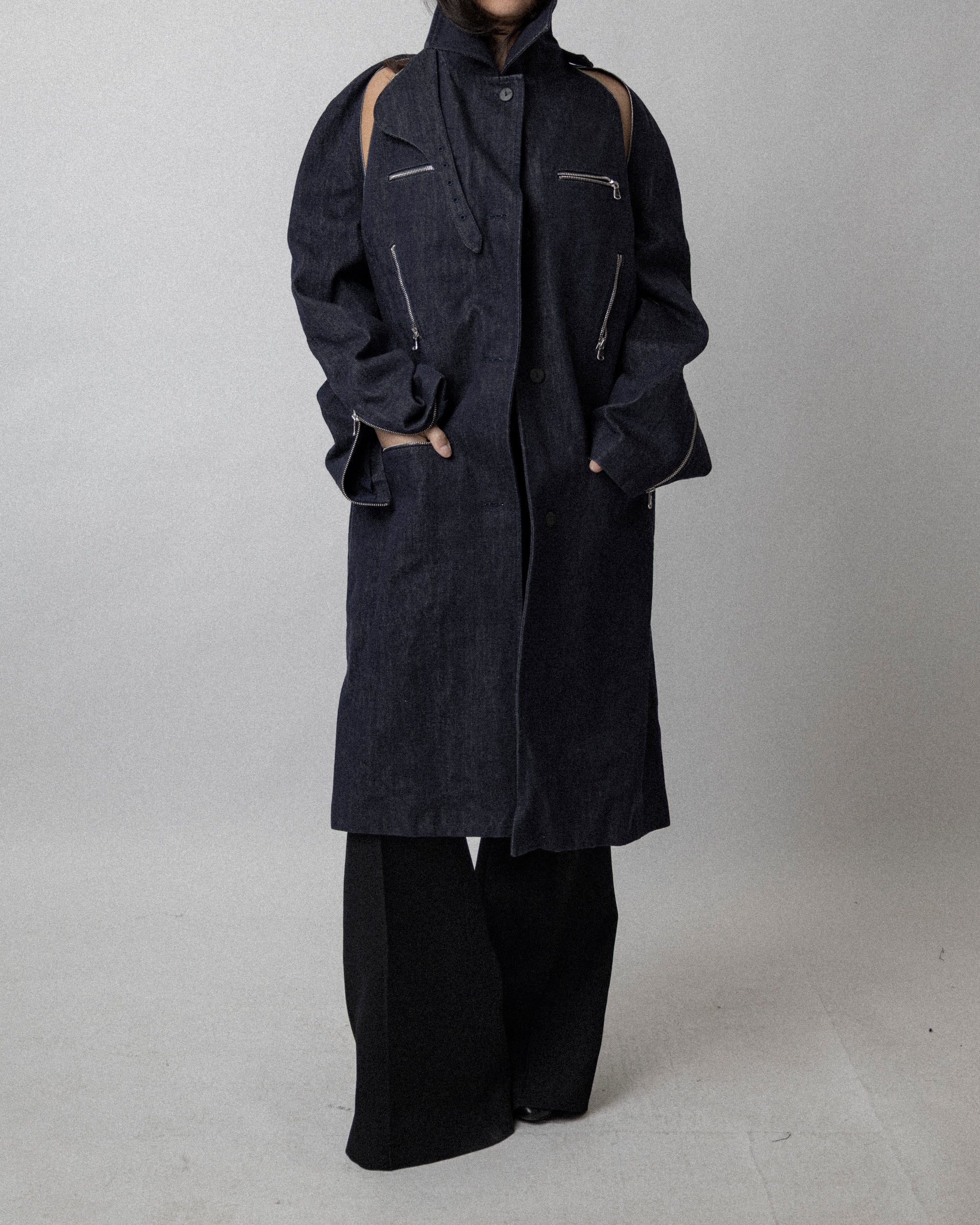 Multi Zip Raw Denim Coat Blue - Cross Shoulder 19''