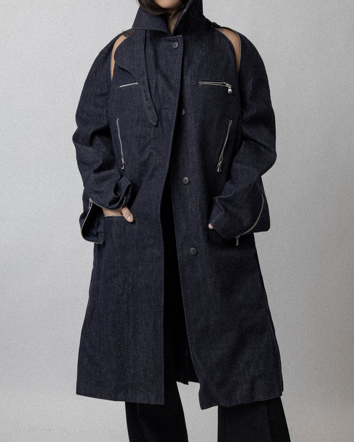 Multi Zip Raw Denim Coat Blue - Cross Shoulder 19''