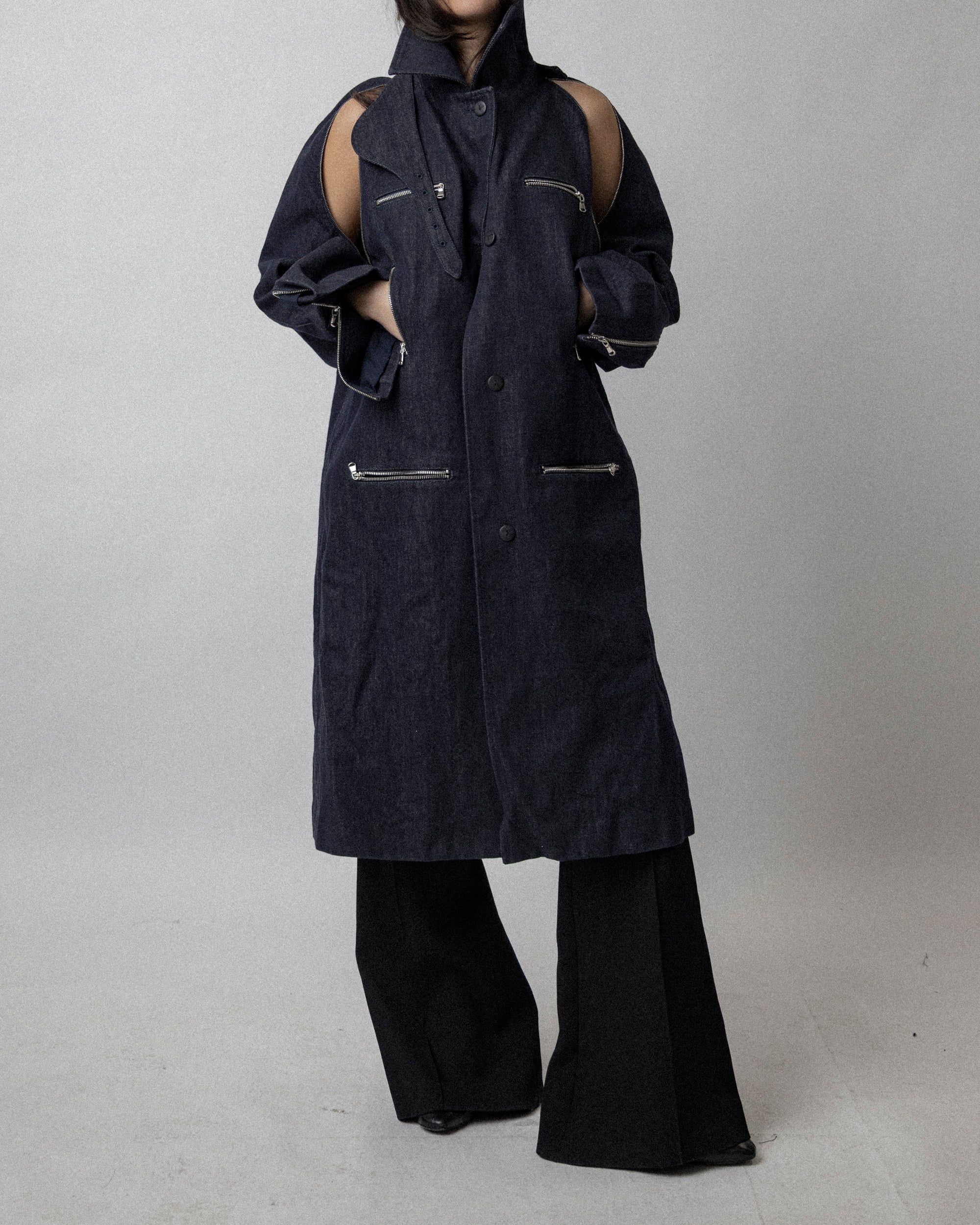 Multi Zip Raw Denim Coat Blue - Cross Shoulder 19''