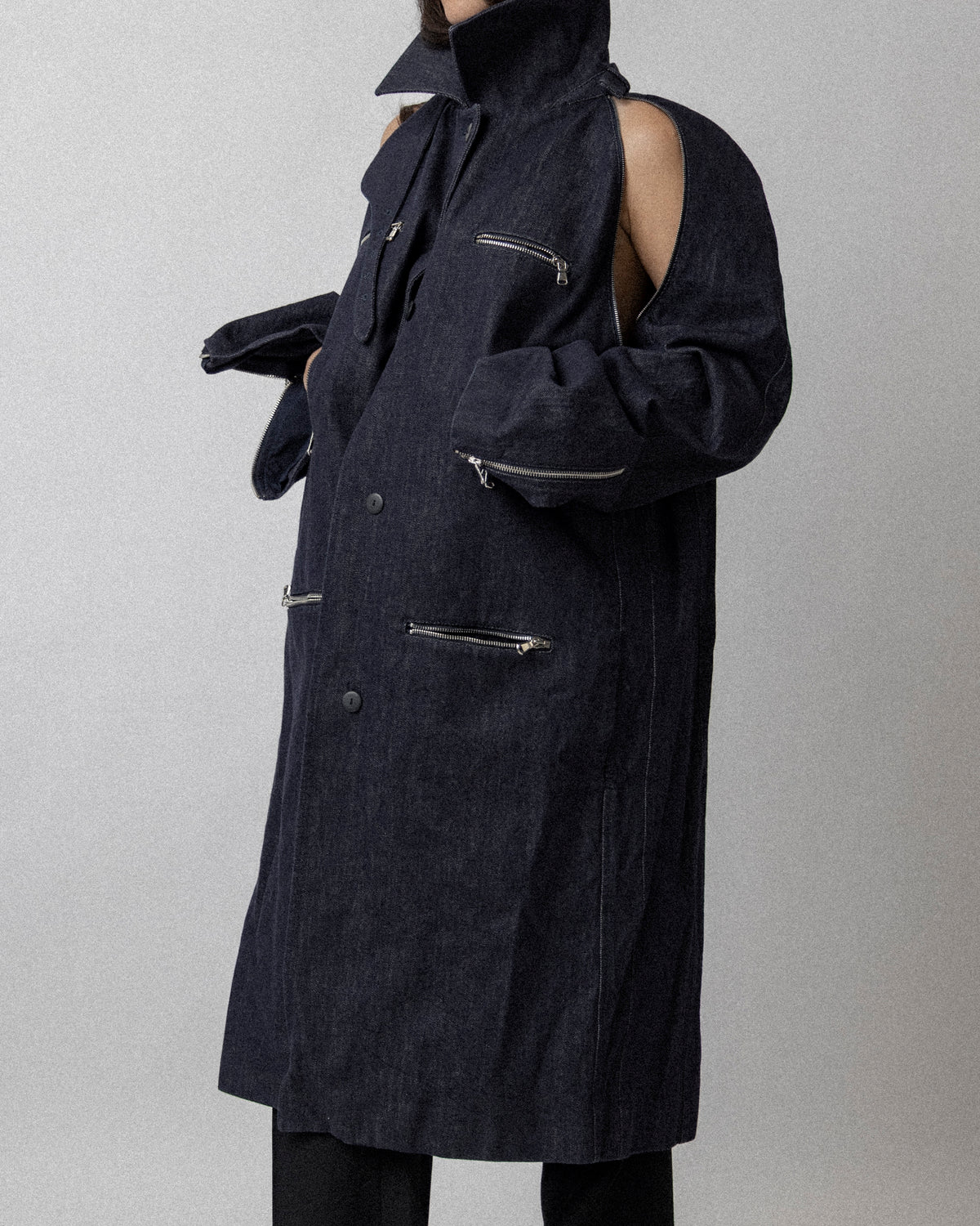 Multi Zip Raw Denim Coat Blue - Cross Shoulder 19''