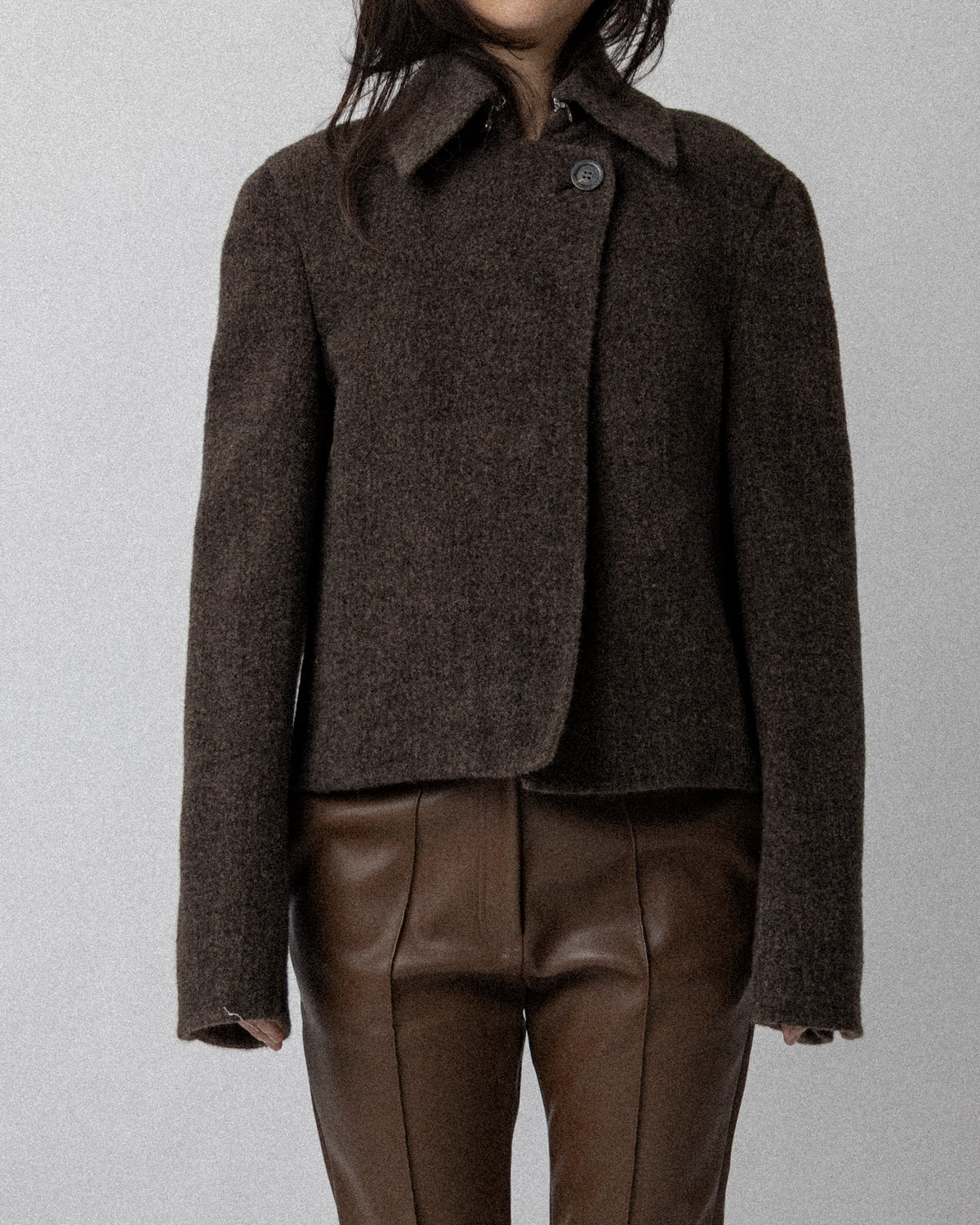 Neck Zip Double Faced Jacket Wool Brown-  Cross Shoulder 18''